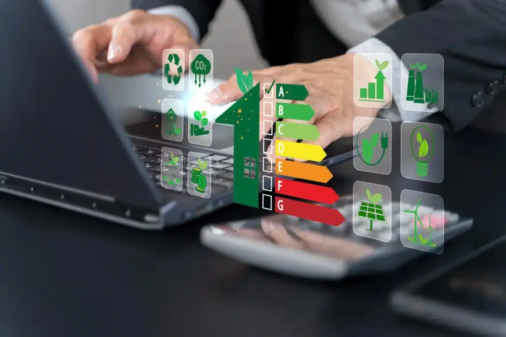 Diagnostic de performance énergétique à Caen avec ordinateur portable.