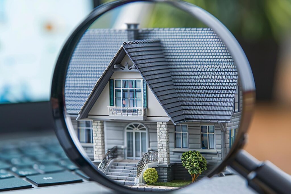 Maison observée à travers une loupe posée sur un ordinateur symbolisant l'état des lieux d'un logement à Caen.