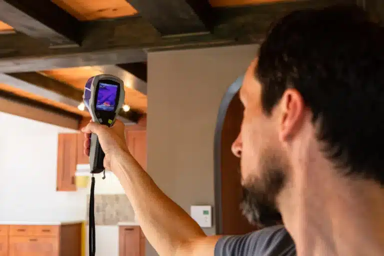 Technicien utilisant une caméra thermique pour analyser une maison à Caen.