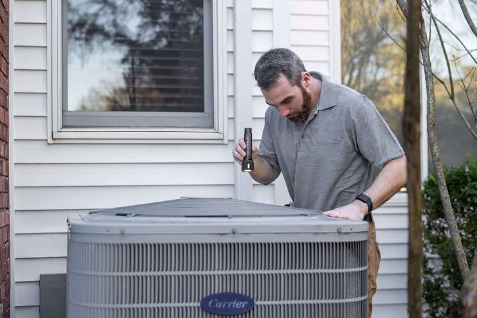 Technicien en diagnostic effectuant une inspection de climatiseur extérieur avec thermographie