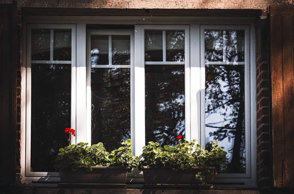 Fenêtre blanche avec double vitrage, volets en bois et jardinières sur mur en brique, préparation rénovation menuiserie