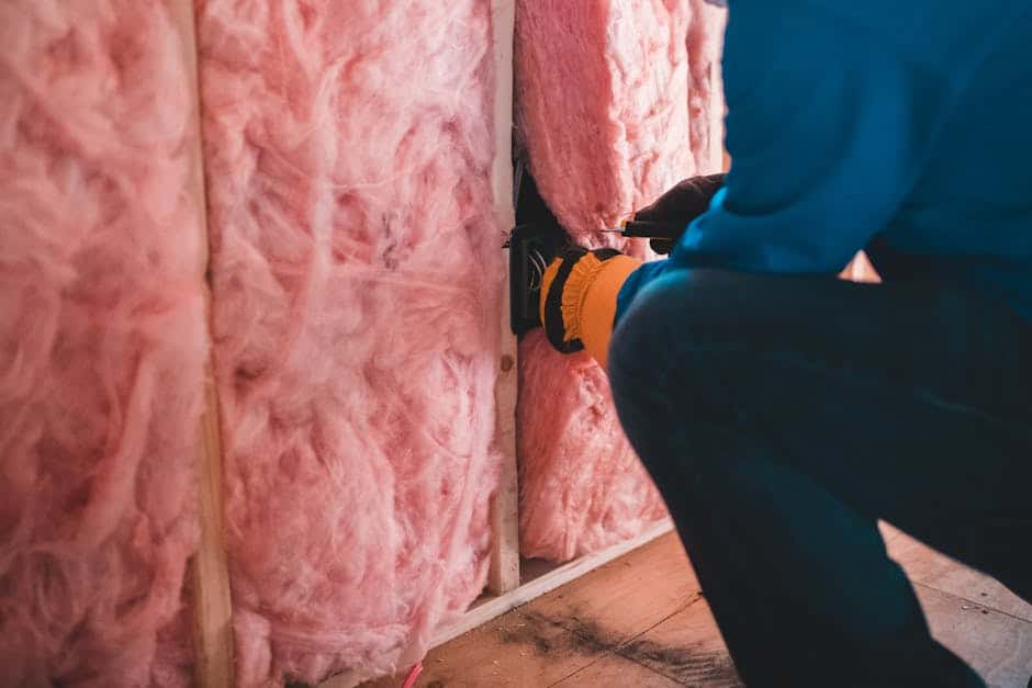 Pose d'isolant thermique rose entre montants bois avec détection des ponts thermiques par thermographie infrarouge