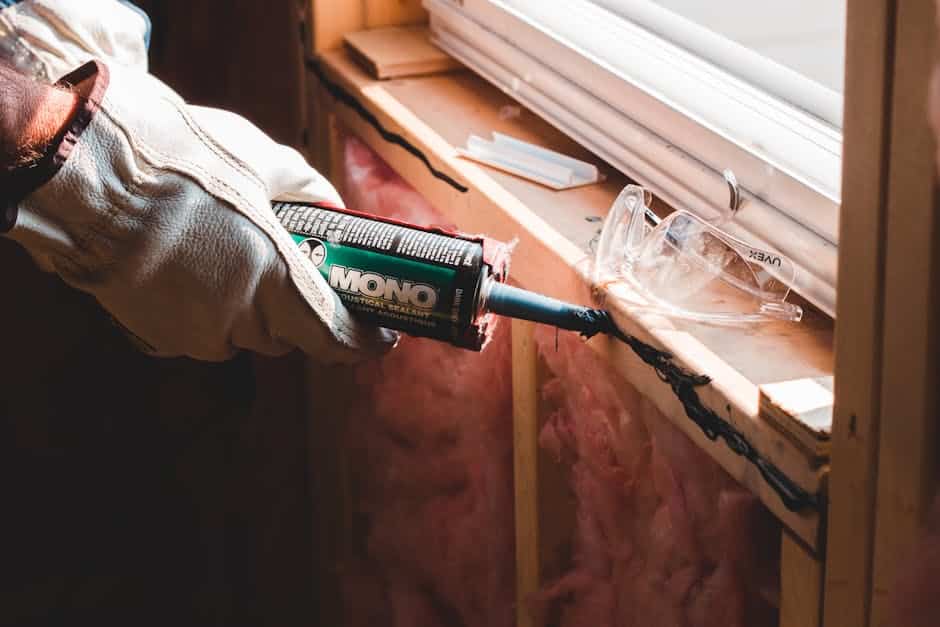 Application de mastic noir au pistolet sur cadre de fenêtre en bois avec isolant thermique en fibre rose